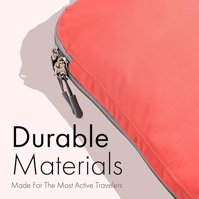(Not Made In China) Compression Packing Cubes For Travel, Suitcase and Luggage Space Saver Organizer Bags, Lightweight, Waterproof Nylon, Durable, 4pc Set, Coral