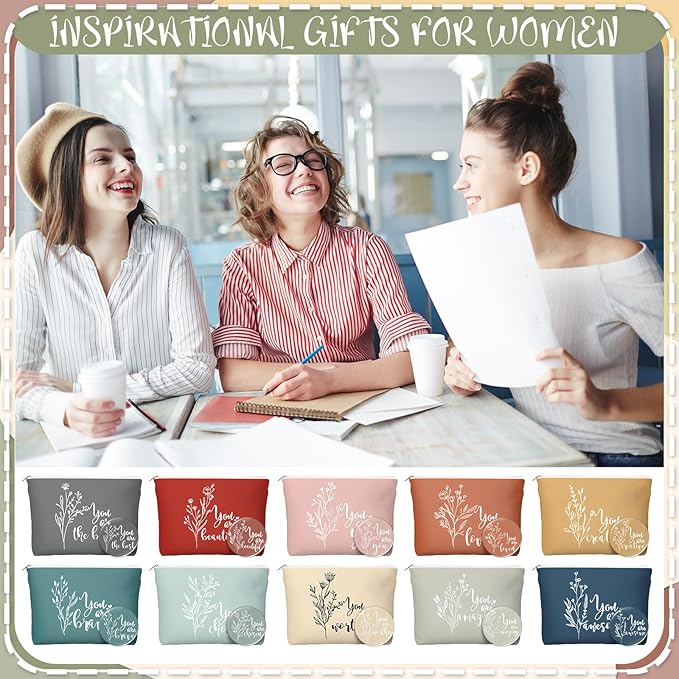 40 Pcs Employee Appreciation Gifts For Women Inspirational Canvas Makeup Bags Portable Compact Mirror Bulk Cosmetic Bags Thank You Gifts for Social Worker Coworkers (Botanical,Vintage)