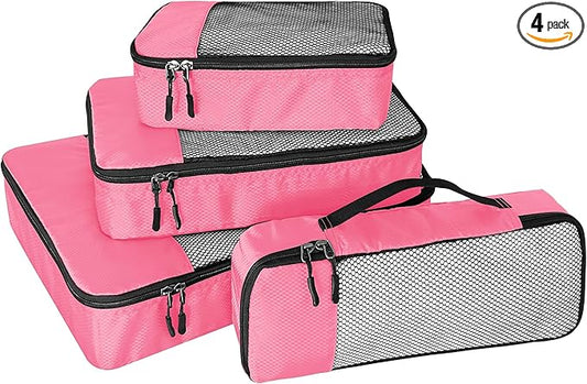4-Piece Packing Cubes Travel Accessories Set for Suitcases - Luggage Organizer Bags with Double Zipper - Mesh Top - Small/Medium/Large/Slim - Pink