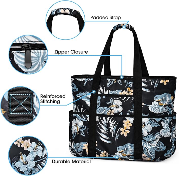 Becokan Beach Bags for Women Large Beach Tote Bag with Zipper Pockets Beach Bag Waterproof Sandproof Travel Nurse Tote Bag