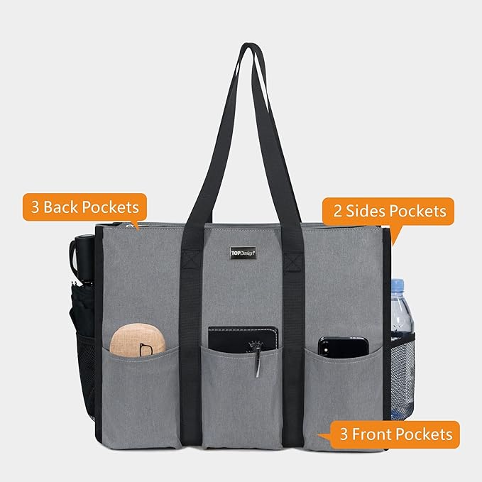 TOPDesign Utility Water Resistant Tote Bag with 13 Pockets, Top Zipper Closure & Thick Bottom Support, for Working Women