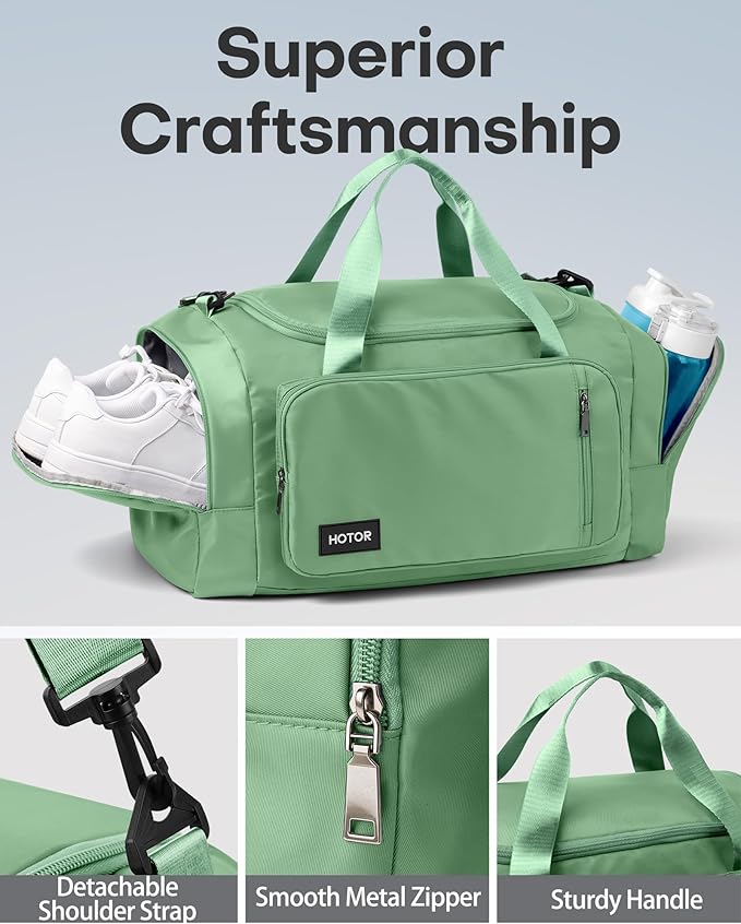 HOTOR Gym Bags for Men & Women - Spacious Duffle Bag with Shoe Compartment & Wet Pocket, Carry On Weekender Bag Portable Sports Duffel Bag for Workout, Fitness, Travel, Green, 20.5" x 11.0" x 10.6"
