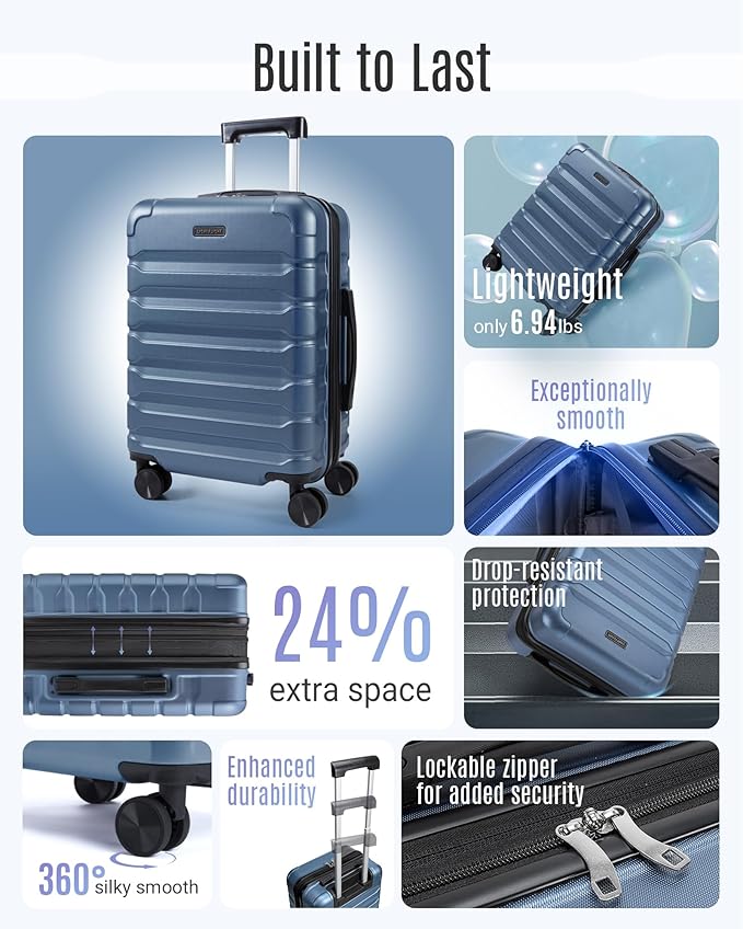 LIGHT FLIGHT Carry On Luggage 22x14x9 Airline Approved, Expandable Carry On Suitcases with Wheels, Lightweight Luggage, Durable Hard Shell 20 Inch Rolling Suit Case for Men Women Travel,Royal Blue