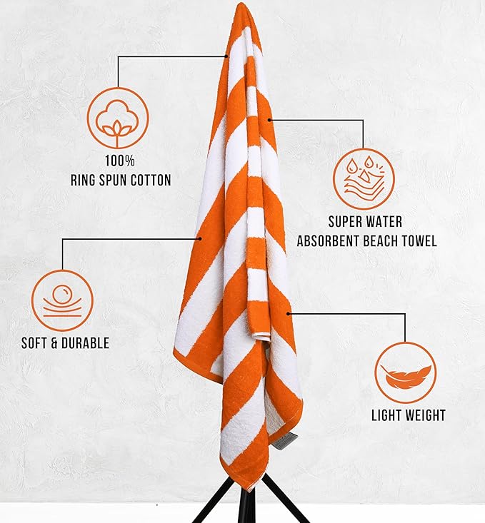 Utopia Towels 4 Pack Cabana Stripe Beach Towel, 30 by 60 Inches, Oversized 100% Ring Spun Cotton Pool Towels, Highly Absorbent Quick Dry Bath Towels for Beach, and Swim, Orange
