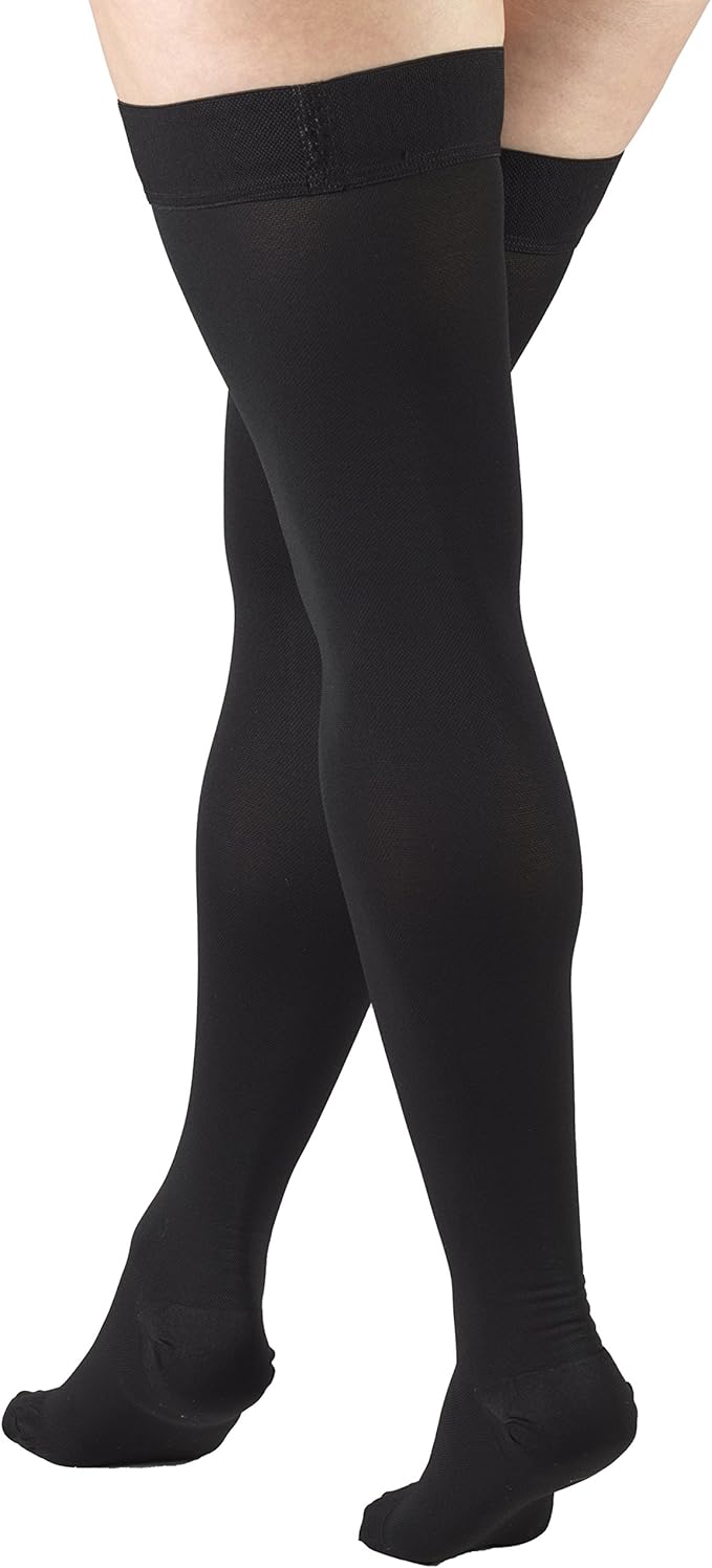 Truform 30-40 mmHg Compression Stockings for Men and Women, Thigh High Length, Dot-Top, Closed Toe, Black, Medium