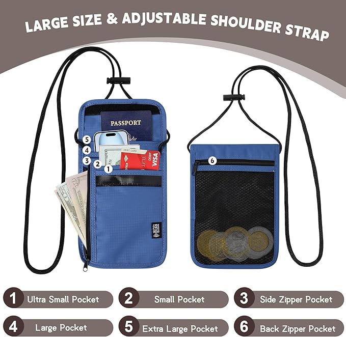 5.5" L x 7.9" W Travel Neck Wallet, RFID Blocking Passport Holder, Security Lightweight Passport Travel Wallet, Neck Pouch Gifts for Women Men(Blue)