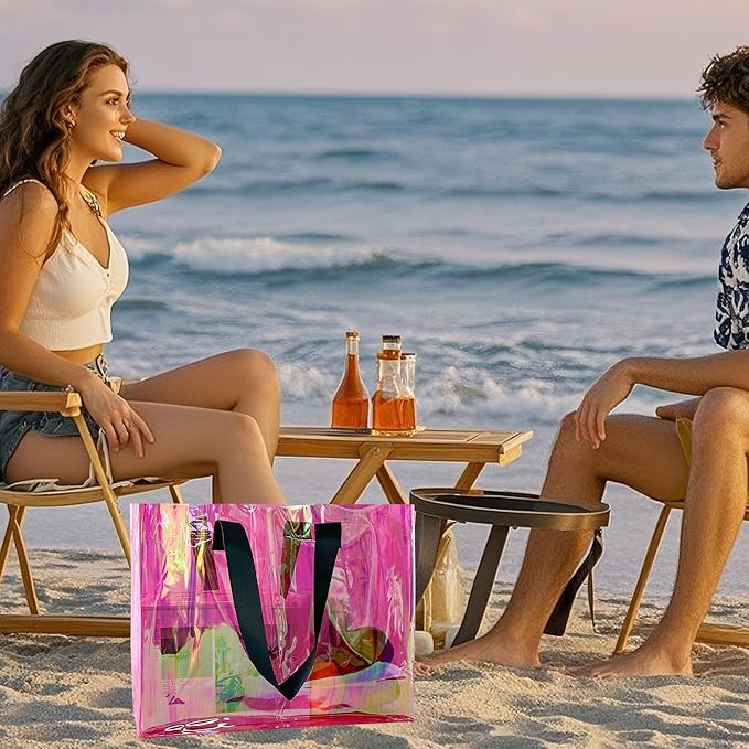 Holographic PVC Beach Bag Waterproof - 18×13×6inch Large Clear Tote for Women Men Pool Travel Sandproof Carry All
