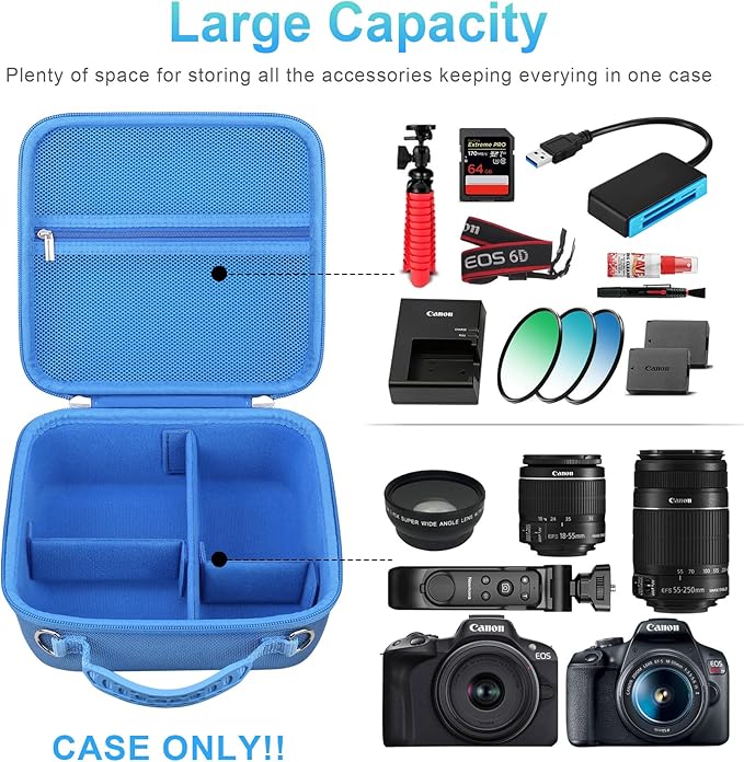 BOVKE Travel Camera Case for Canon EOS Rebel T7/R50/R6 Mark II/R100/R50 V/T6/R8/R10/R5 Mark II/RP/R7/R5/T100 and Other DSLR SLR Cameras, Extra Lens and Tripod with Dividers & Shoulder Strap, Blue