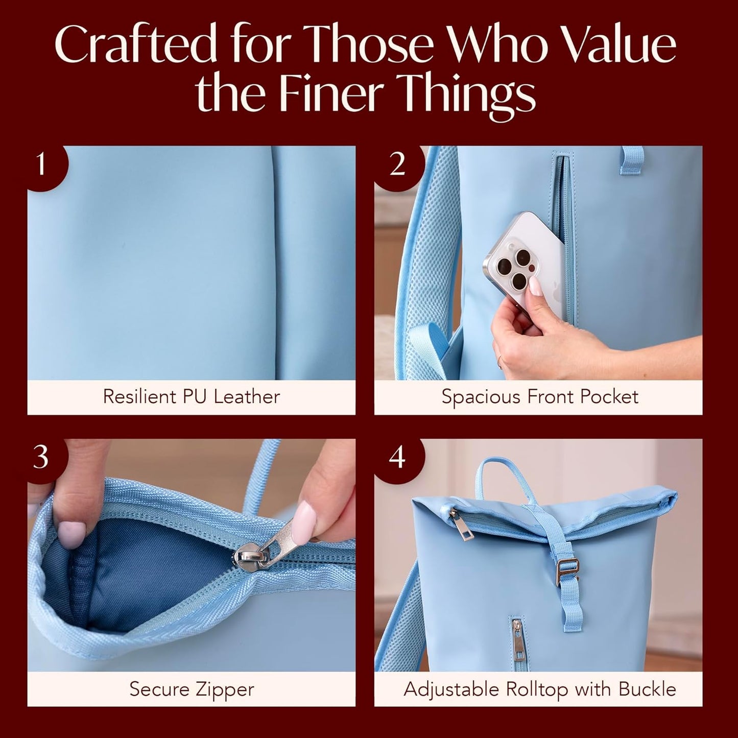 Two Bottle Rolltop Wine Tote Bag – Stylish PU Leather Wine Backpack with Matching Tumblers – Compact & Lightweight Wine Carrier with Padded Straps & Compartments for Travel & Picnics – Light Blue