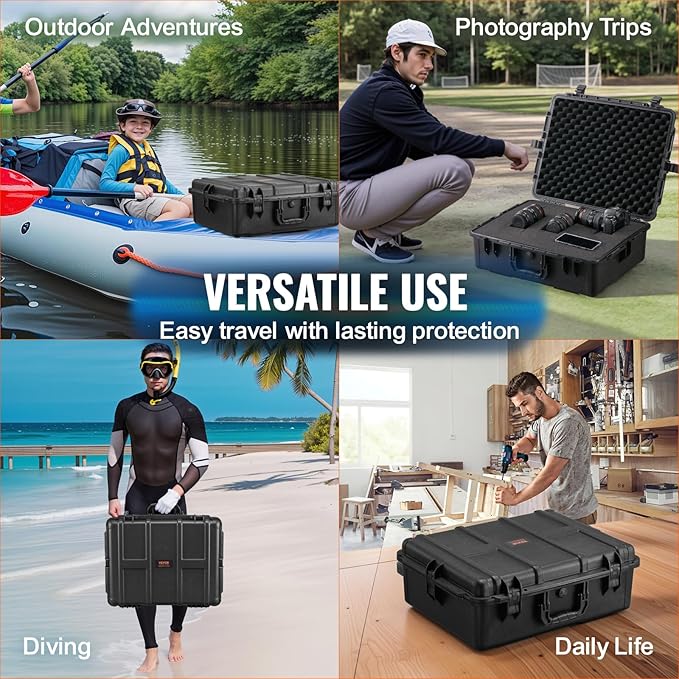 VEVOR Weatherproof Hard Case, Heavy Duty Protective Dry Box with Pre-cut Foam, and Retractable Pull Handles for Travel, Hunting, Military, Tactical, IP67 Waterproof Case for Cameras (24.4×19.3×8.9)