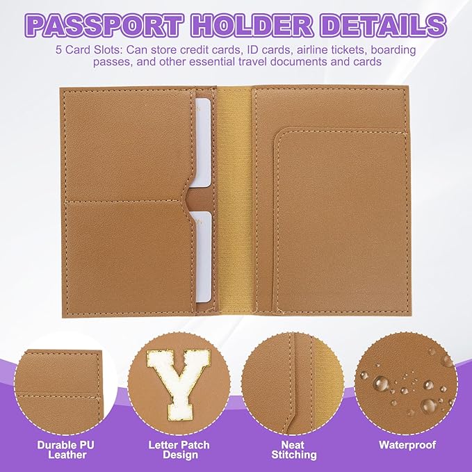 PATIKIL Passport Holder for Travel, Initial Passport Cover and Luggage Tag Set with Alphabet Chenille Letter Patch Travel Wallet Bag Suitcase Identifier for Women Family Travel Brown Y