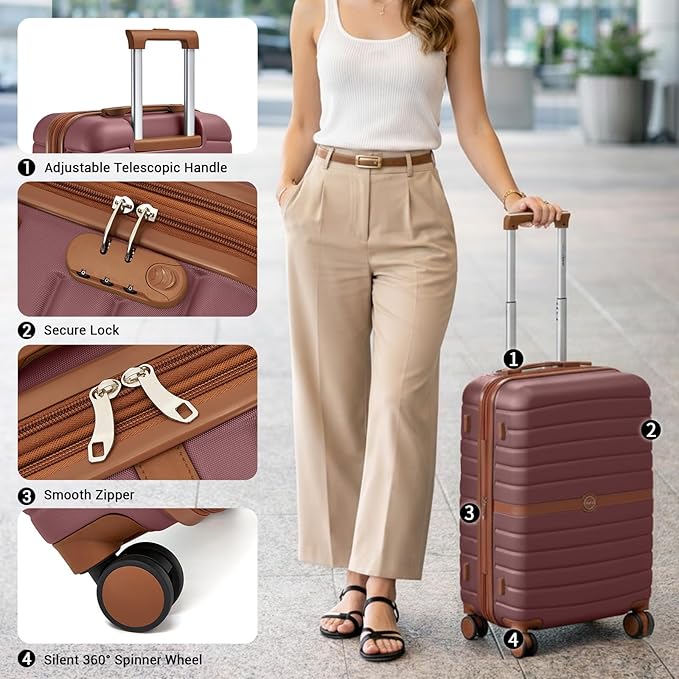 Kono Expandable 28 Inch Luggage with Spinner Wheels, Large Checked Luggage with Lock, Lightweight & Anti-Scratch PC+ABS Hardshell Travel Suitcase, Burgundy/Brown