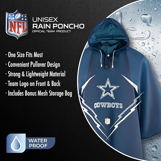 NFL Waterproof Premium Rain Poncho, Sporty & Cool Rain Poncho for Men and Women, Rain Coat with Drawstring Hood