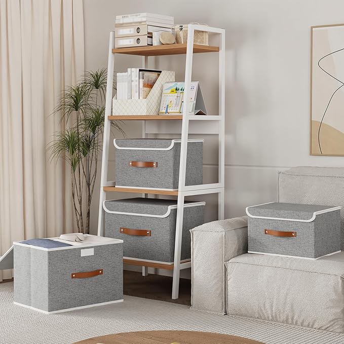 Yawinhe Collapsible Storage Bin, Cube Organizer Basket, Fabric Box with Lids, Washable and Leather Handle, for Home, Closet, Grey, 15.0''Lx9.8''Wx9.8''H, 7-Pack, USNK024GL-7