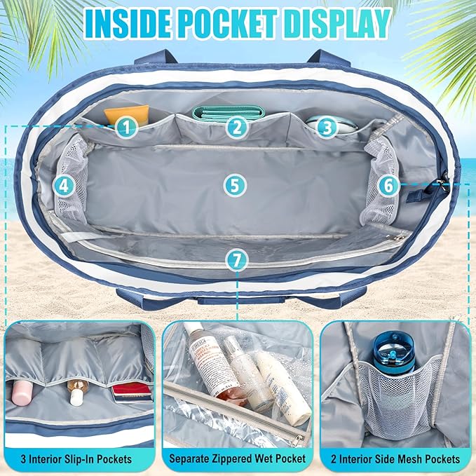 Extra Large Beach Bags for Women, Waterproof Sandproof Beach Tote Bag Foldable Swim Pool Bag with Zipper and Wet Pocket
