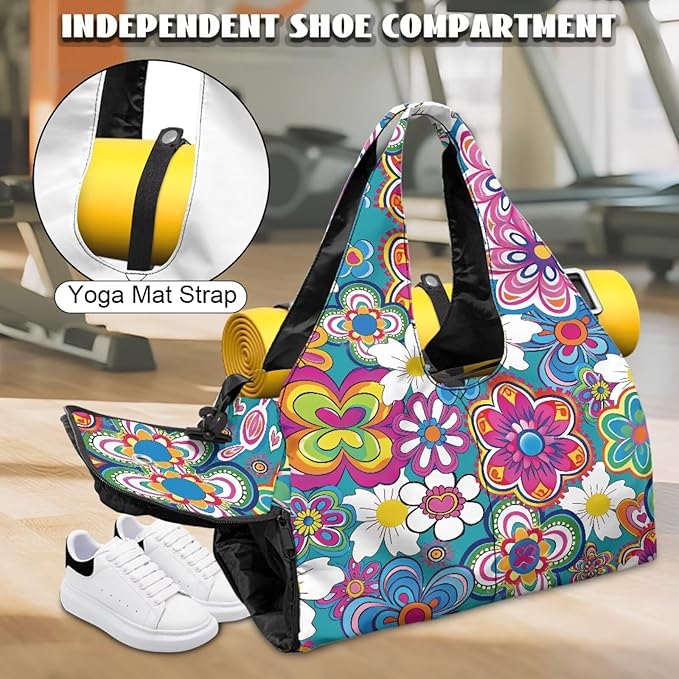 Colorful Hippie Flowers Gym Bag for Women with Shoes Compartment Carry on Weekender Overnight Bags Travel Duffel Bags Sports Workout Yoga Carrier Ladies Gifts