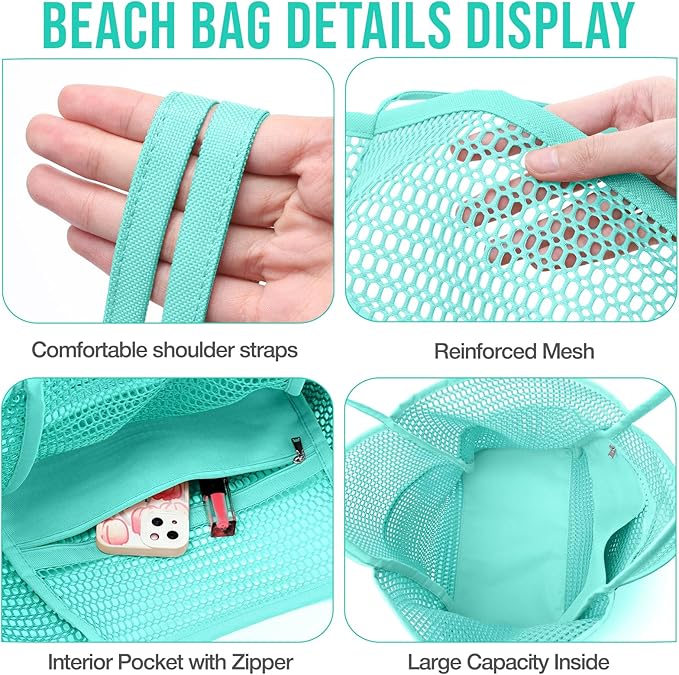 KPX Beach Bag with Mini Pocket, Beach Tote Bags for Women Large Foldable Mesh Swimming Pool Travel Bags - Sandproof