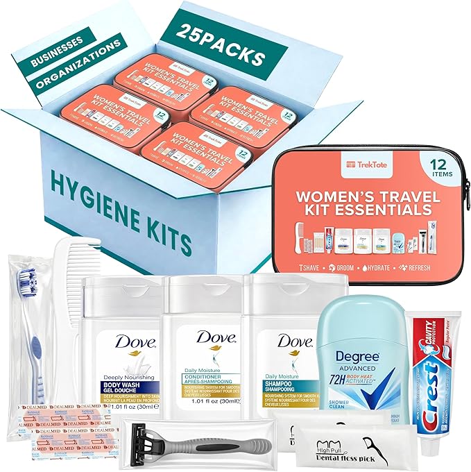Trektote 12-Piece Women’s Travel Hygiene Kit with Toiletries & Grooming Essentials, TSA-Compliant, Clear Cosmetic Bag, Available in Bulk