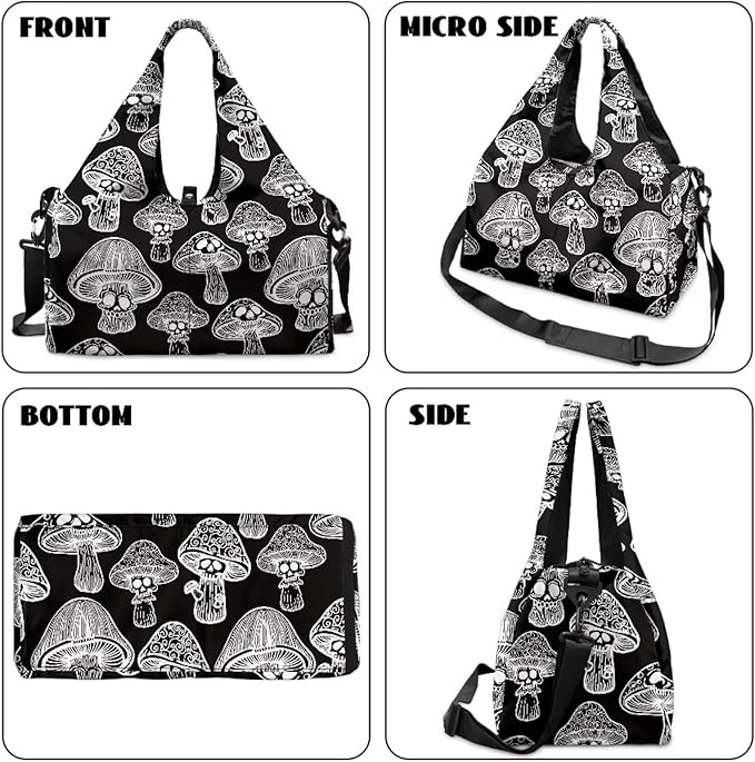Black Mushroom Workout Bag for Women with Yoga Mat Holder and Shoe Compartment Gym Bag Waterproof Gym Duffel for Swimming, Stylish Fitness Duffel Bag