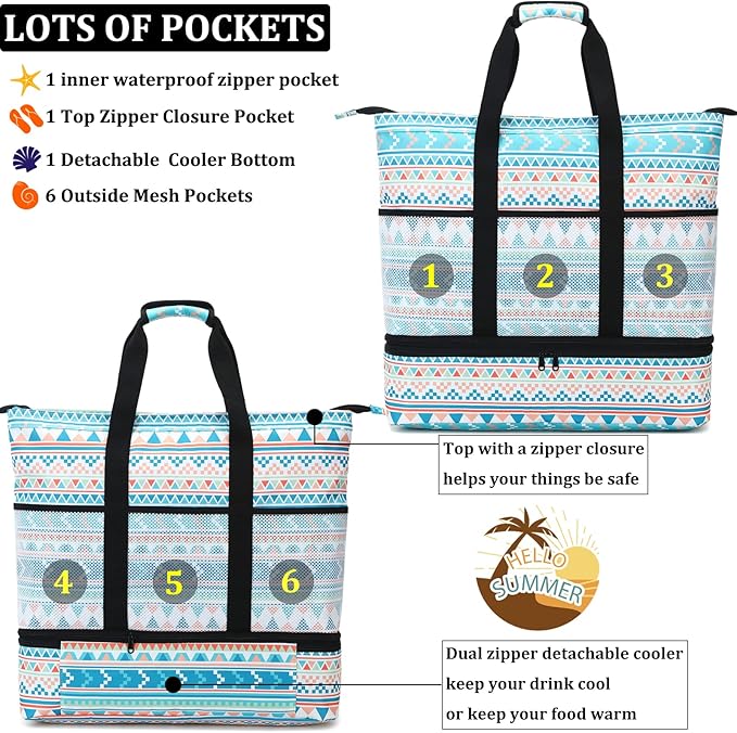 JIANYA Beach Bag Women Waterproof Sandproof Beach Tote Bags with Cooler Top Zipper Large Totes for Pool Travel Daily