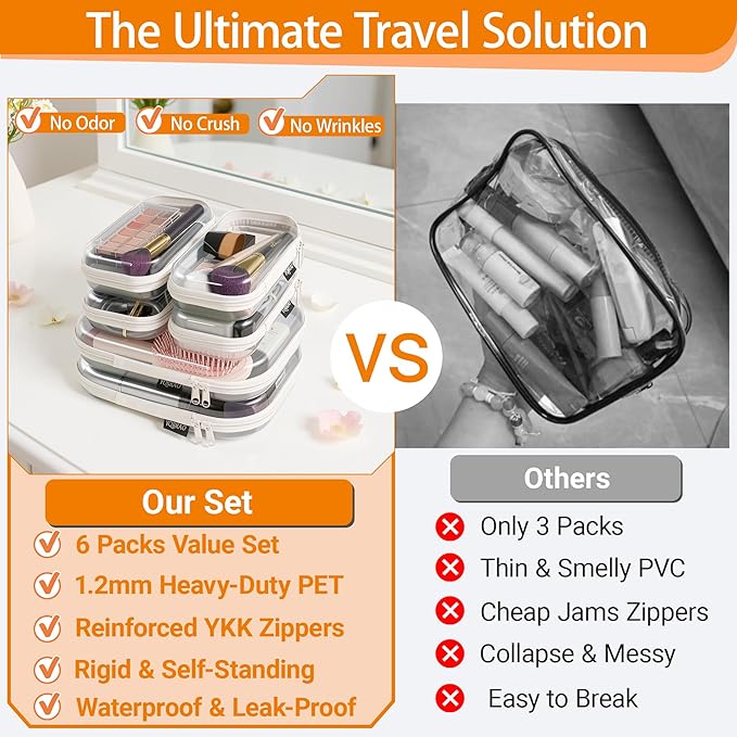 6 Pack Clear Hard Shell Zipper Case (4 Small & 2 Medium), Hard Plastic Organizer Pouches for Travel, Small Items, Makeup, Electronics & Art Supplies - Crush-Resistant & Waterproof Storage