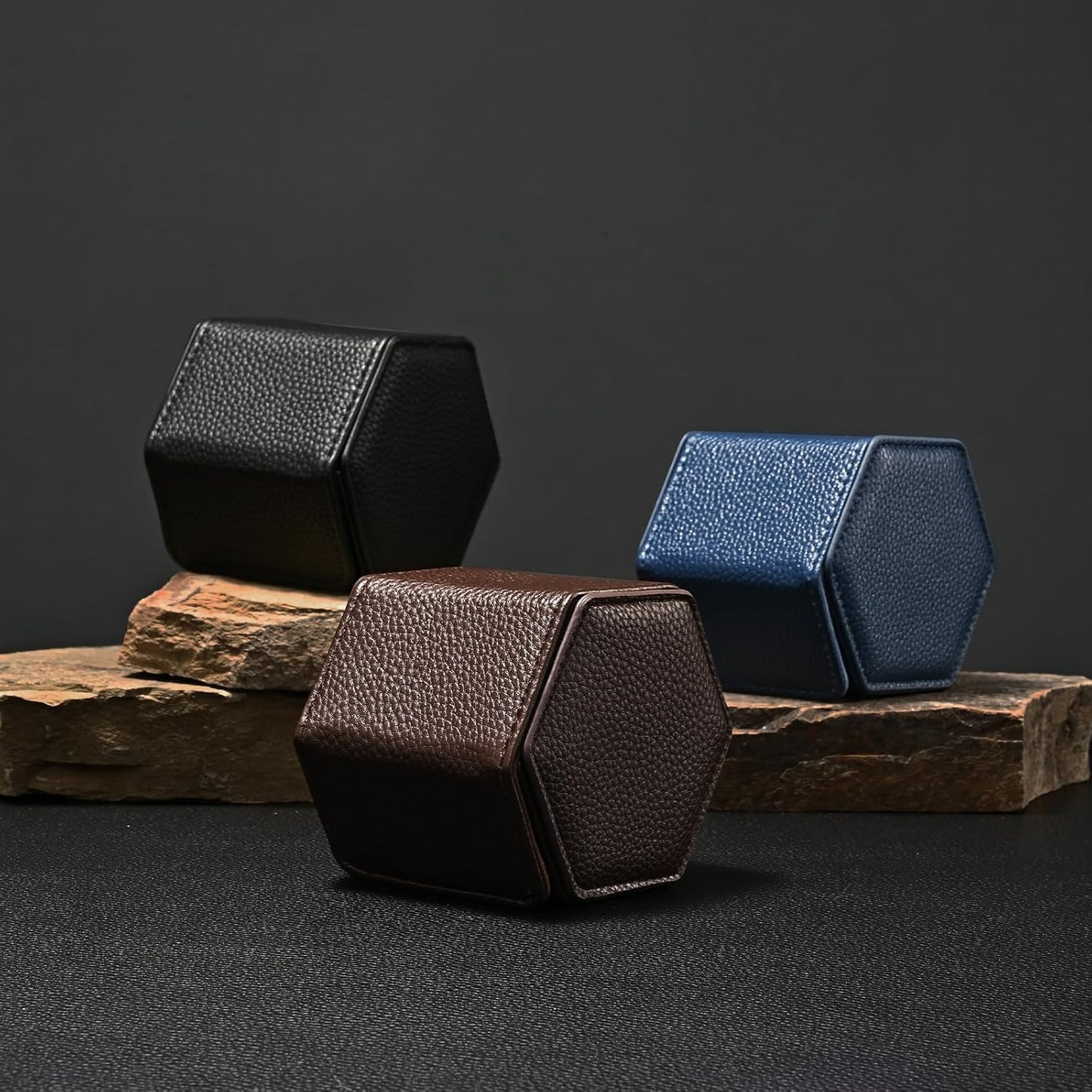 Oirlv Luxury Hexagonal Leather Watch Travel Case Single Watch Box for Men Portable Jewelry Storage Roll Organizer(1-Slot,Blue)