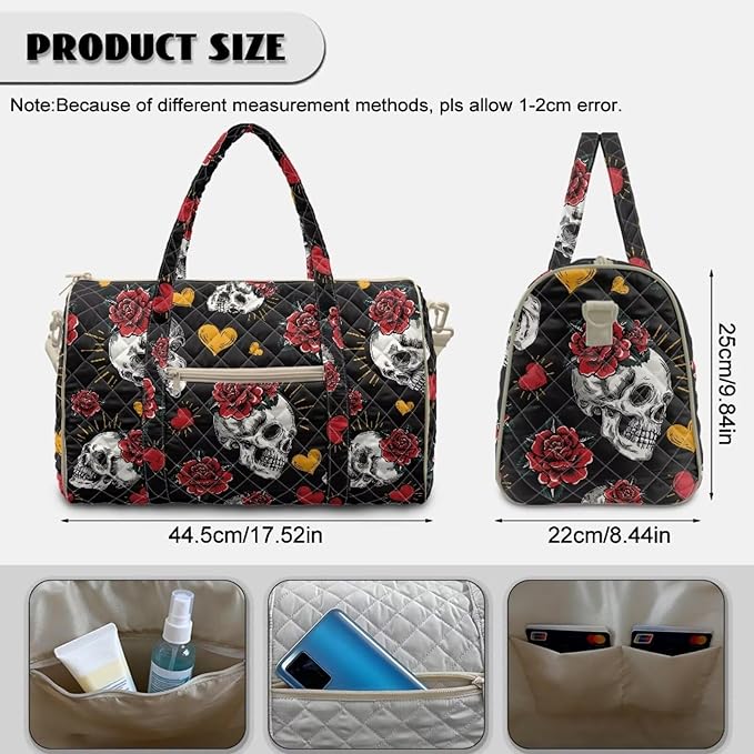 COEQINE Black Red Rose Skull Goth Quilt Duffle Bag for Women Travel Halloween Purses for Womens Quilted Tote Bag For Women Duffel Bag Lightweight Weekend Bag with Zipper Pocket Dance Bag Organizer