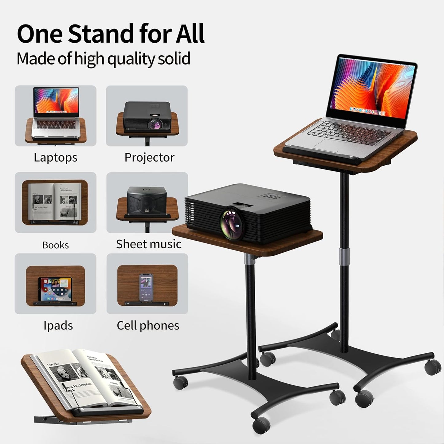 NAMON Laptop Floor Stand with Wheels - 2 in 1 Dual-use Floor & Desk, Adjustable Height from 16.5" to 51", Stable Standing for Projector, Ipad (Walnut Effect)