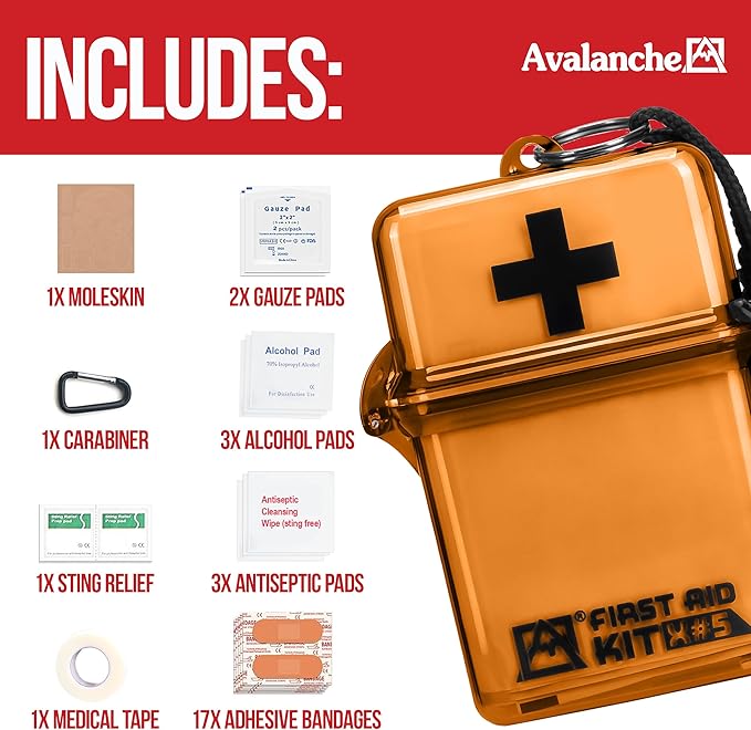Avalanche Mini First Aid Kit, 30 Pcs Emergency Supplies Kit in Waterproof Case for Home, Car, Travel, Sports or Camping, First Aid Kit in Hard Case & Carabiner, Orange