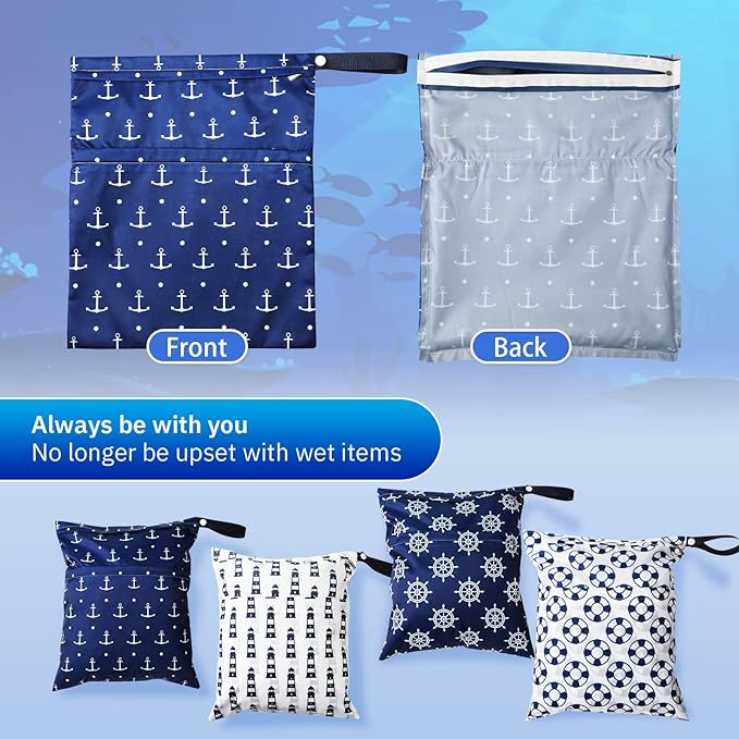 Frienda 4 Pieces Wet Dry Bag for Baby Waterproof Reusable Washable Diaper Bag Sealed with Handle for Travel, Beach, Swimsuit, Diapers, Dirty Gym Clothes and Toiletries (Nautical Style)