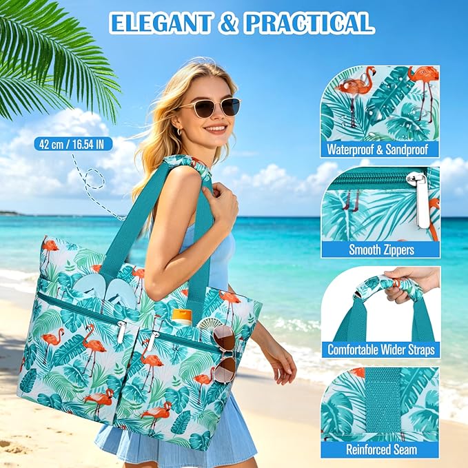 HUANLANG Large Beach Bags for Women Pool Bag with Zipper, Waterproof Sandproof Beach Tote Travel Bag with Wet Pocket | Waterproof, Large capacity, Dry/wet separation, Cooling function, Durable fabric, sandproof