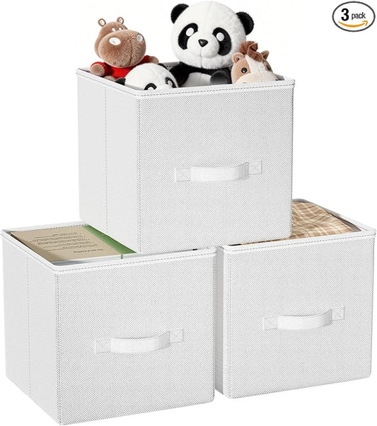 Cube Storage Bins, 11 Inch Fabric Organizers with Handles - Foldable Collapsible Storage Cubes for Shelves, Bedroom, Closet, Cabinet, Bookcase, or Office (White, Pack of 3)