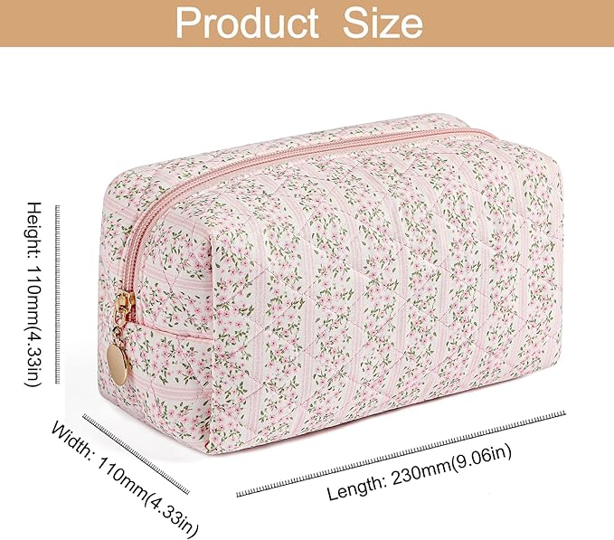 Makeup Bag Travel Cosmetic Bag for Women Girls, Zipper Make Up Pouch, Floral Flowers Toiletry Organizer Makeup, Portable Storage Cosmetic Travel Cloth Bag (Pink+White Small Flower)