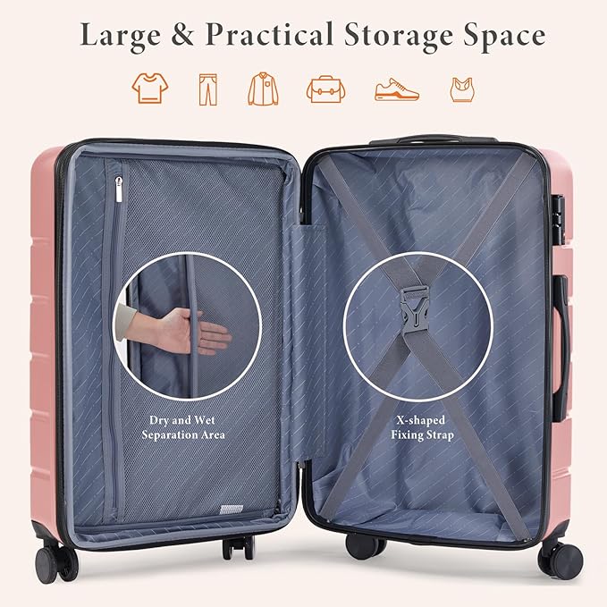 Sweetcrispy Carry on Luggage, Hard Shell ABS Suitcase with Double Spinner Wheels, Lightweight Expandable Rolling Suit Case with TSA Lock, 24 Inch Pale Pink