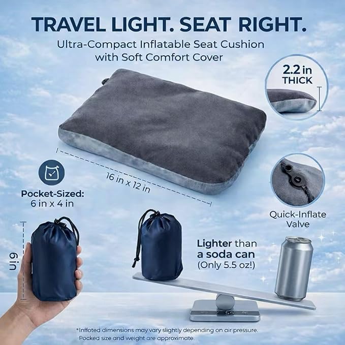 Inflatable Seat Cushion with Soft Comfort Cover - Portable Travel Air Pad for Long Flights & Airplane - Support for Stadium Bleachers & Outdoor Events - Compact, Lightweight & Supportive (Grey)