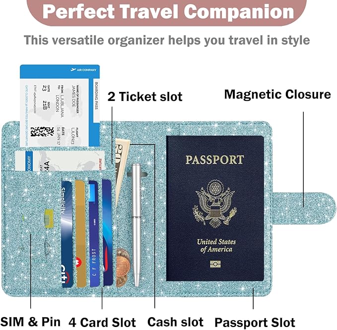 HOTCOOL Passport Holder Travel Essentials Airplane & Cruise Essentials Ship Leather Wallet Cover Case RFID Blocking Women & Men Vacation Travel Accessories Gifts Deals, Glitter - Blue