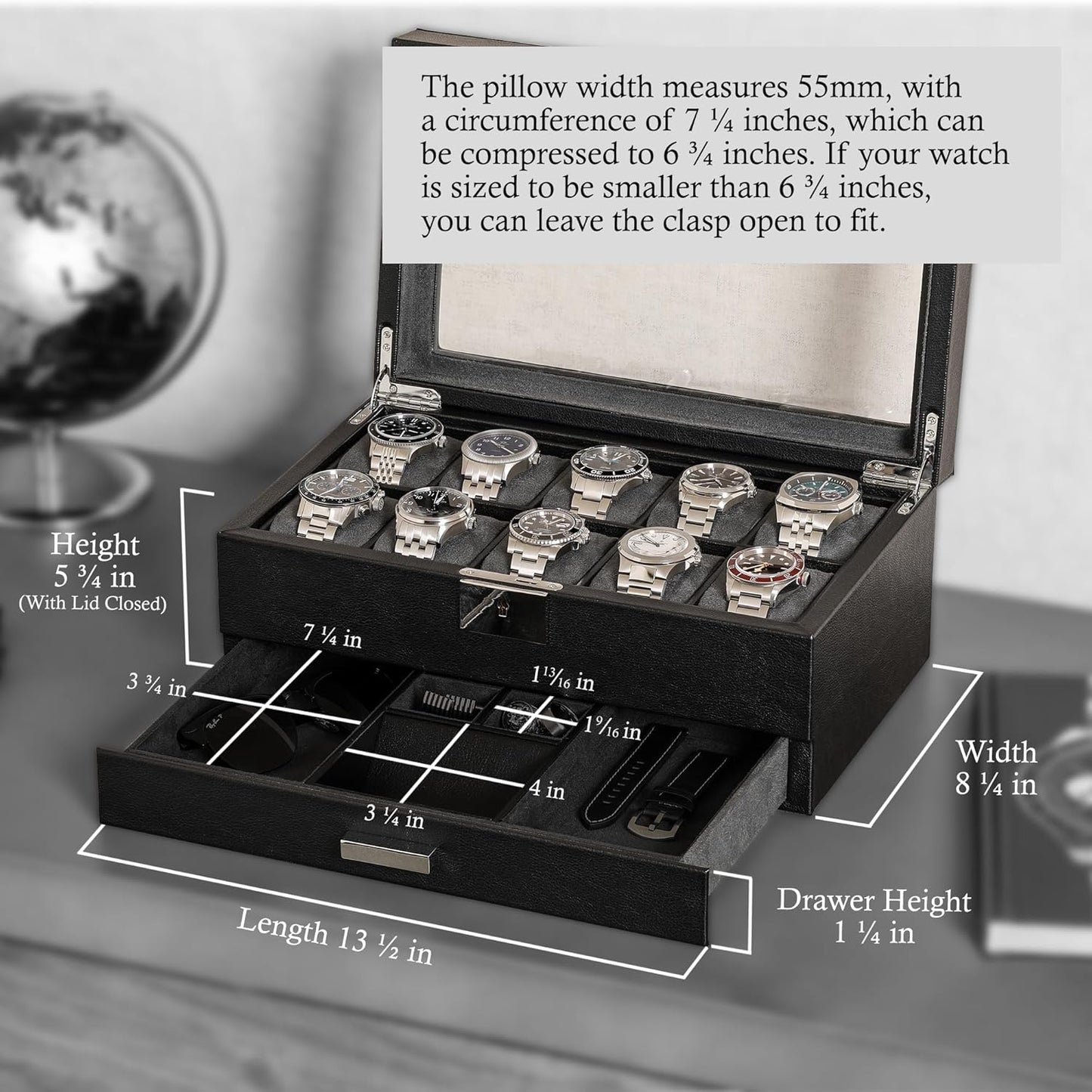 ROTHWELL 10-Slot Watch Box in Leather with Valet Drawer, Luxury Watch Case Display Organizer with Ultra Soft Microsuede Liner, Jewelry and Sunglass Holder With Large Glass top (Black/Grey)
