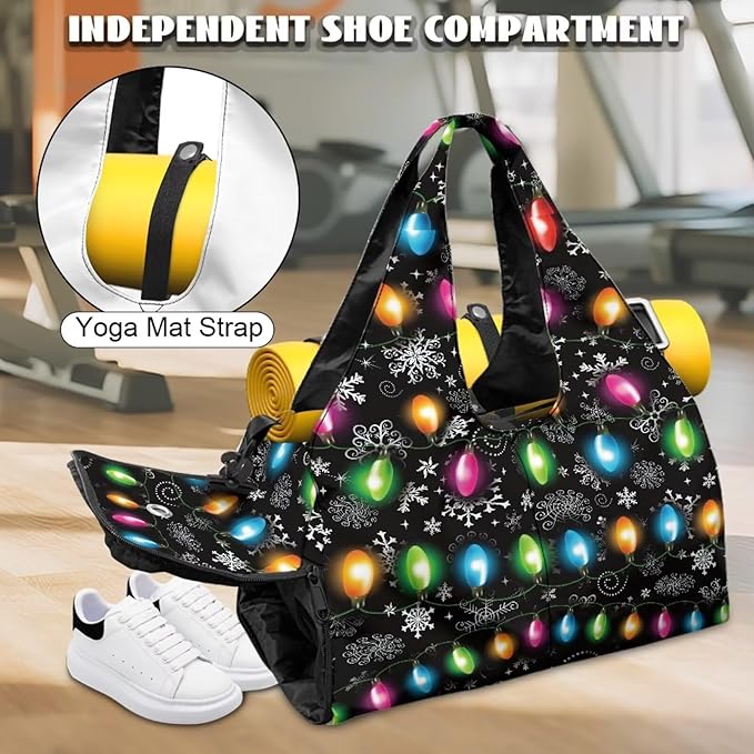 Christmas Colorful Lights Womens Gym Tote Duffle Bag with Shoe Compartment Lightweight Carry On Bag for Beach Swim Sports Overnight Weekender Hospital Bags Gifts for Christmas
