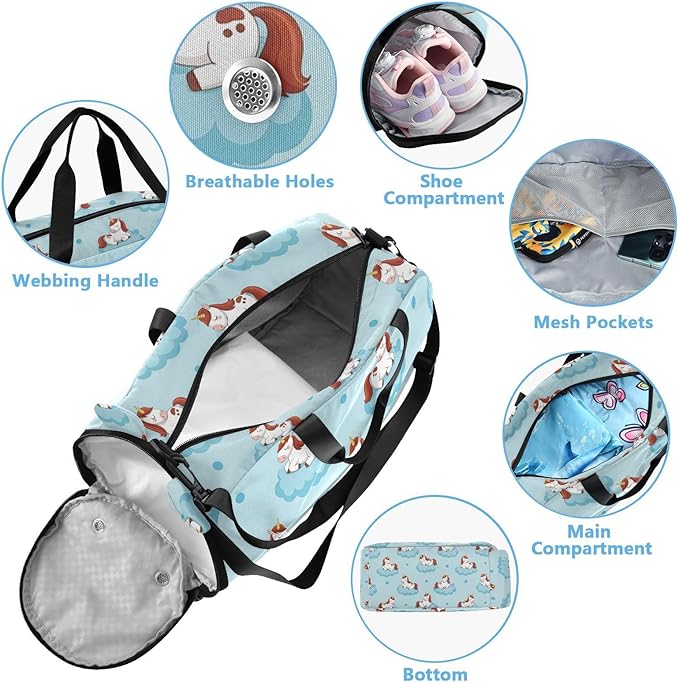 VIGTRO Cute Unicorn Sleeping Clouds Kids Overnight Travel Duffel Bag Sport Gym Bag for Boys Girls with Shoe Compartment, Carry On Weekender Luggage Bag for Dance Swim Yoga