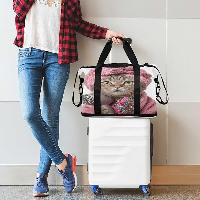 Travel Duffel Bags for Women Cute Cat with Pink Towel & Hair Dryer Sports Duffel Bags Gym Bags with Shoes Compartment Tote Bag Weekender Bag for Travelling