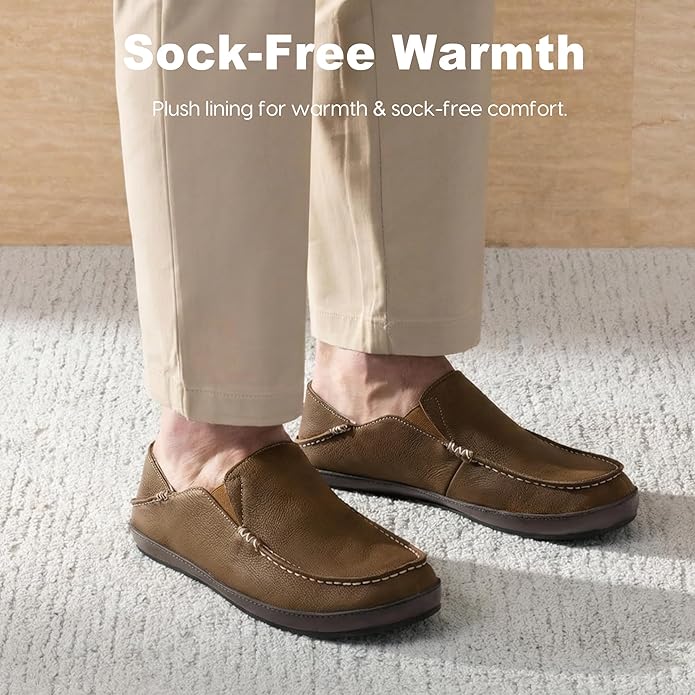 Men’s Premium Everyday Moccasin Slippers Crafted Leather Upper Plush Shearling-Style Lining Removable PU Arch Support Insole with Deep Heel Cup Non-Slip Non-Marking Rubber Sole Fold-Down Heel Indoor Outdoor