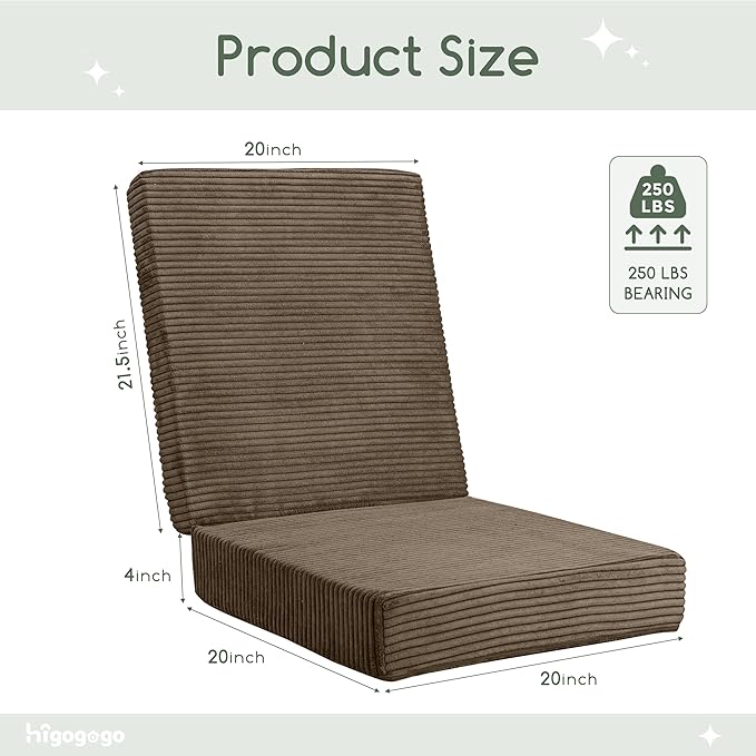 HIGOGOGO Corduroy Recliner Chair Cushion with Lumbar Support Pillow for Elderly Long Sitting Soft Non-Slip 4" Thick Seat Pad for Seniors Buttocks & Back Pain Relief (Brown, 21" Backrest)