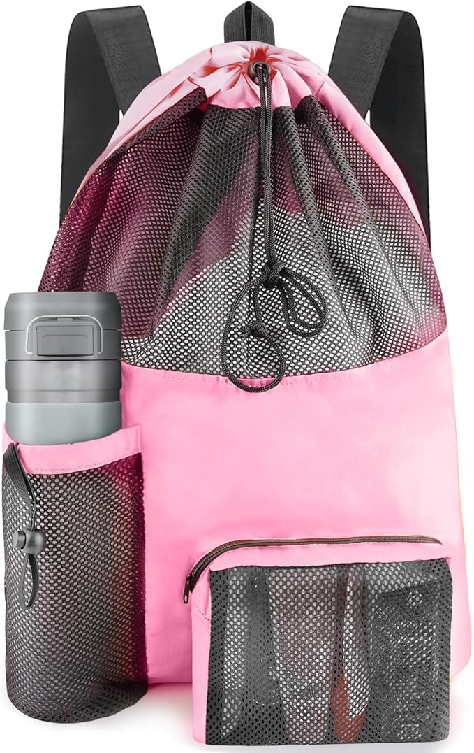 Swim Mesh Beach Bag, Waterproof Gym Bags for Women and Men, Large Pool Bag Swimming Gear Drawstring Backpack