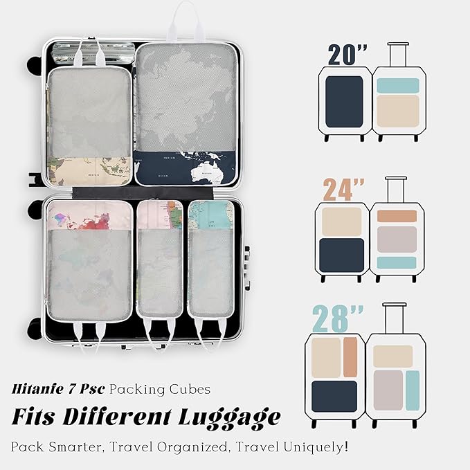 7 Pcs Compression Packing Cubes Travel for Suitcases, Luggage Organizer Washable Storage Bags Set for Backpack Travel- Packaging Cubes for Carry-Ons and Storage