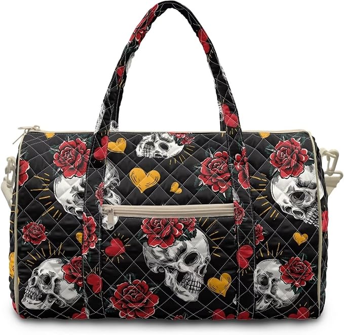 COEQINE Black Red Rose Skull Goth Quilt Duffle Bag for Women Travel Halloween Purses for Womens Quilted Tote Bag For Women Duffel Bag Lightweight Weekend Bag with Zipper Pocket Dance Bag Organizer