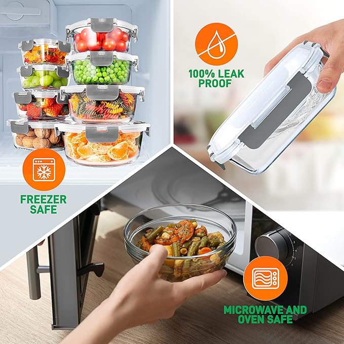 SereneLife 24 Piece Glass Storage Containers with Lids, 12 Pack Glass Meal Prep Container Set for Lunch, Kitchen Storage, Food Storage, Leak Proof, Freezer Safe and Dishwasher Safe, Gray