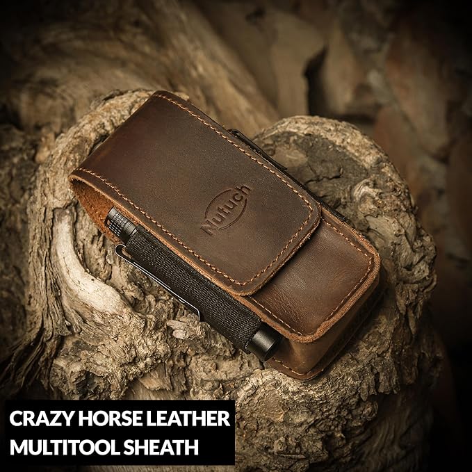 Leather EDC Multitool Sheath with Flip Closure | Leather EDC Belt Organizer | Flashlight Holster | Heavy Duty Multitool Organizer