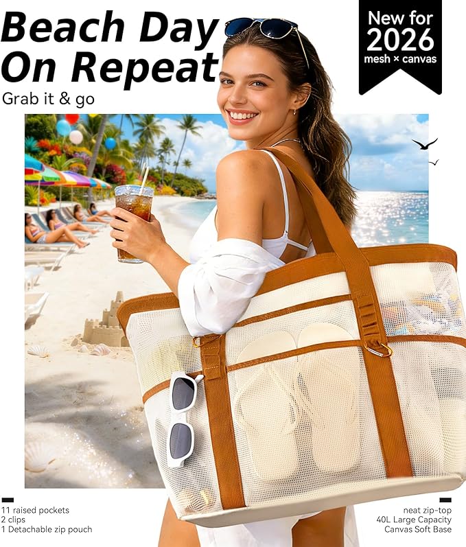 2026 Chic & Spacious XX-Large Beach Bag for Women — Mesh × Canvas Tote with Top Zipper, 11 Pockets, Detachable Pouch | 40L+ Spacious, 11 Tall Pockets, Zipper Pouch, Secure Zip-Top, Sand-Resistant Base