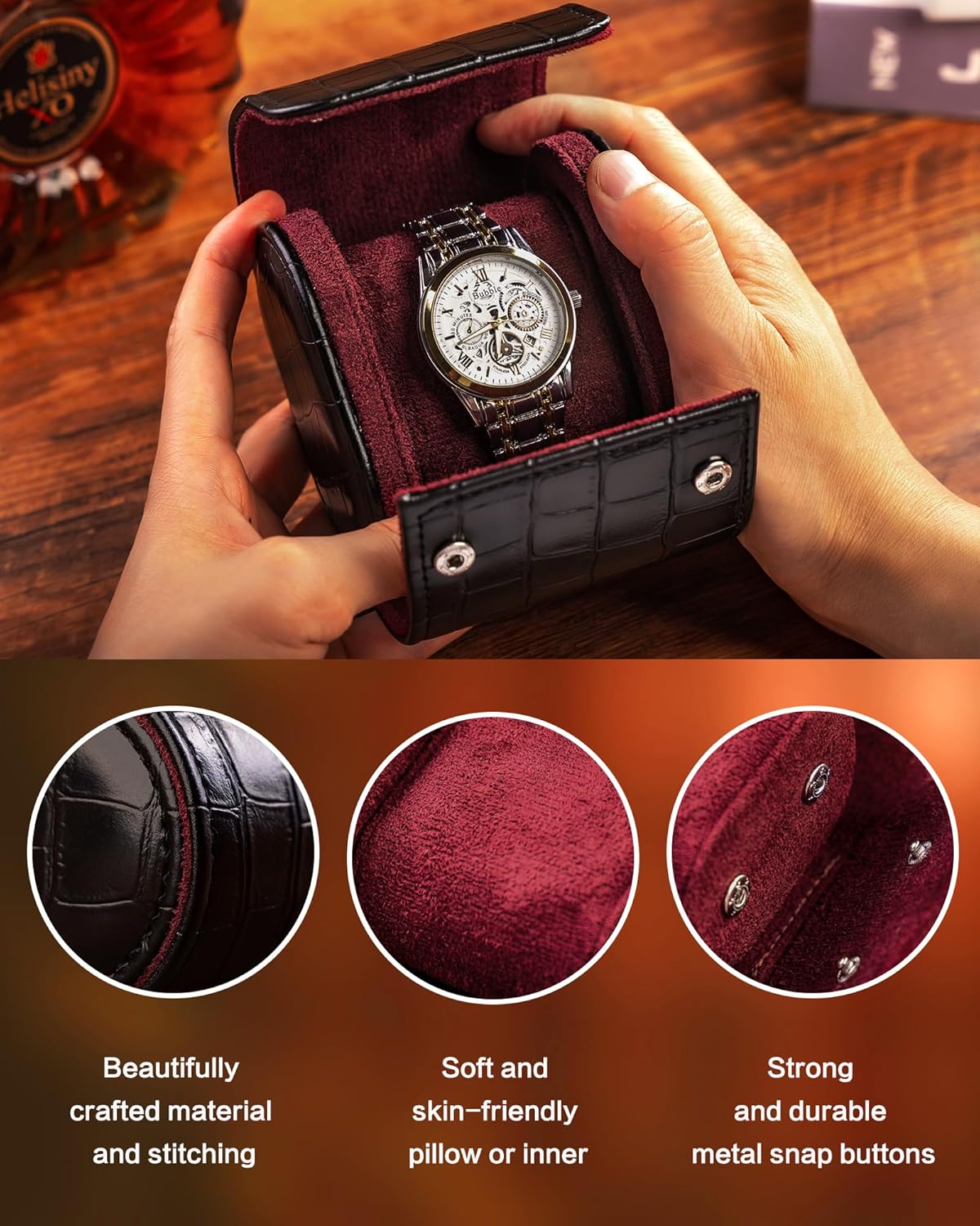 MR.OKAY Single Watch Travel Case- Classic Leather Watch Case With Superb Texture.(Portable Watch Roll Or Organizer For Storage And Display).Festival Gift For Men, All Handcrafted By Artisans.