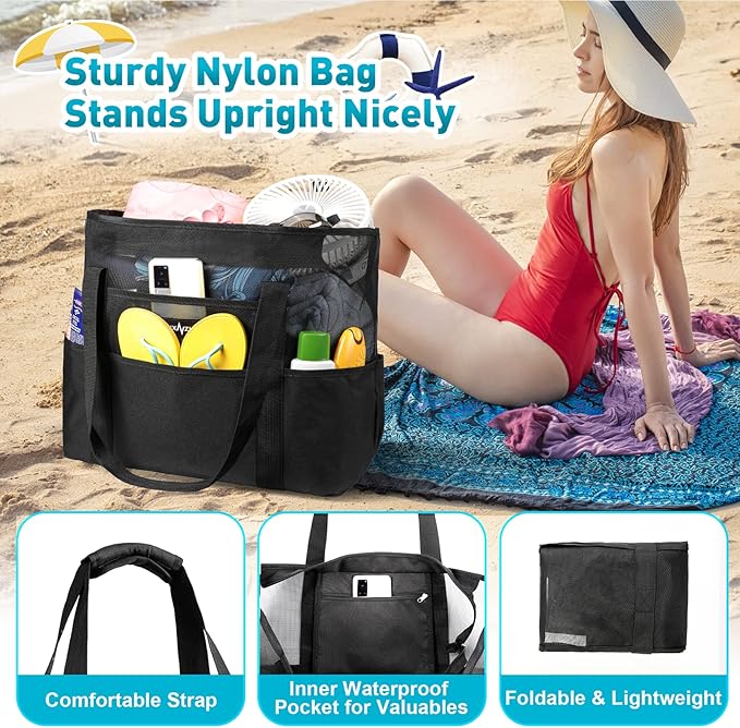 Mesh Beach Bag - Large Waterproof Beach Tote Bag with Zipper, Oversized Foldable Lightweight Family Swim Bag Vacation